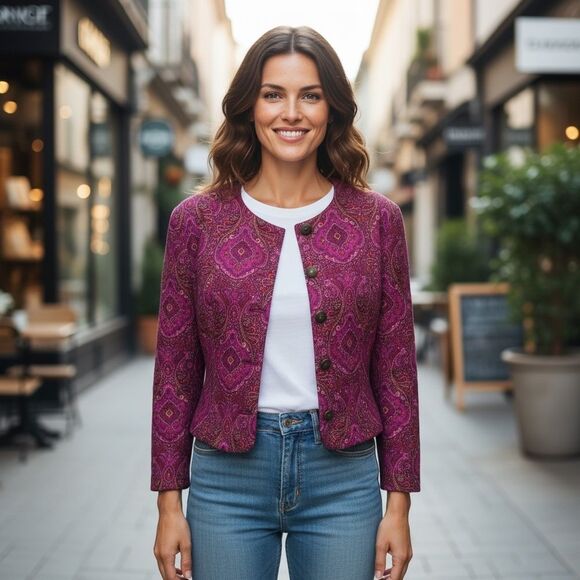 Vintage Quilted Paisley Print Fuchsia Cropped Jacket, 14 - Picture 1 of 9